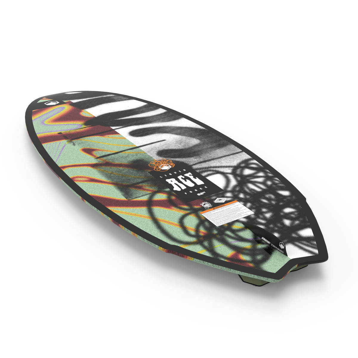 The Liquid Force 2025 Ace Wakesurf Board, adorned with vibrant abstract geometric patterns in green, black, and red shades, is showcased on a plain surface. This lightweight board provides competition-level performance perfect for skim-style wakesurfing enthusiasts.