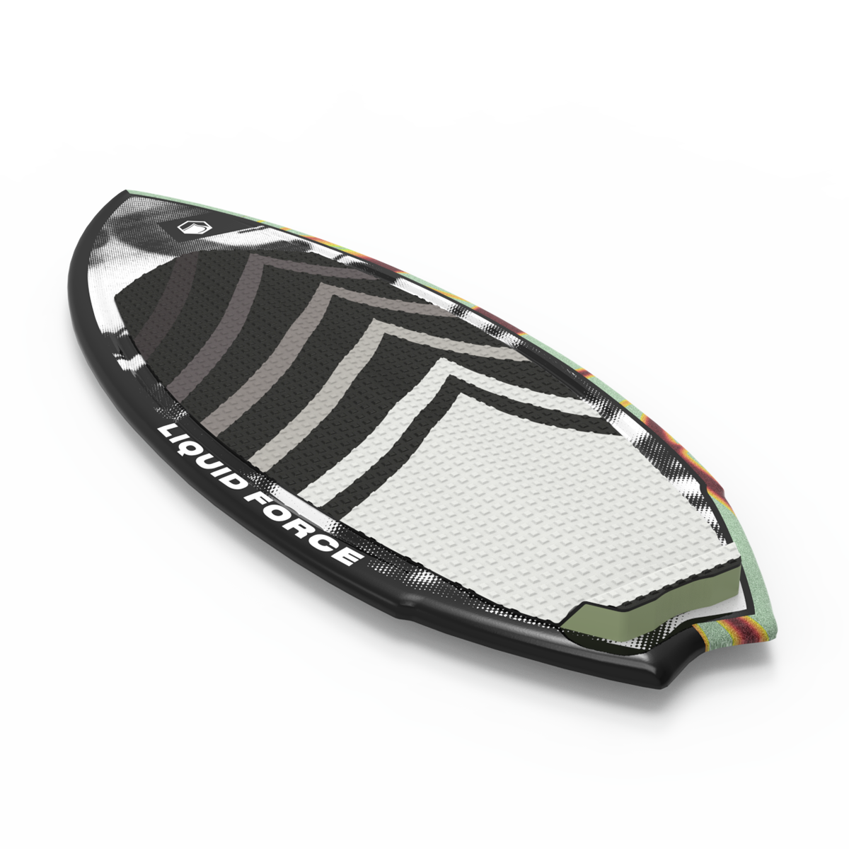 The Liquid Force 2025 Ace Wakesurf Board, featuring a black, white, and gray geometric pattern on the deck, highlights its competition-level design. This board offers lightweight agility ideal for skim-style wakesurfing and is presented from above against a white background.