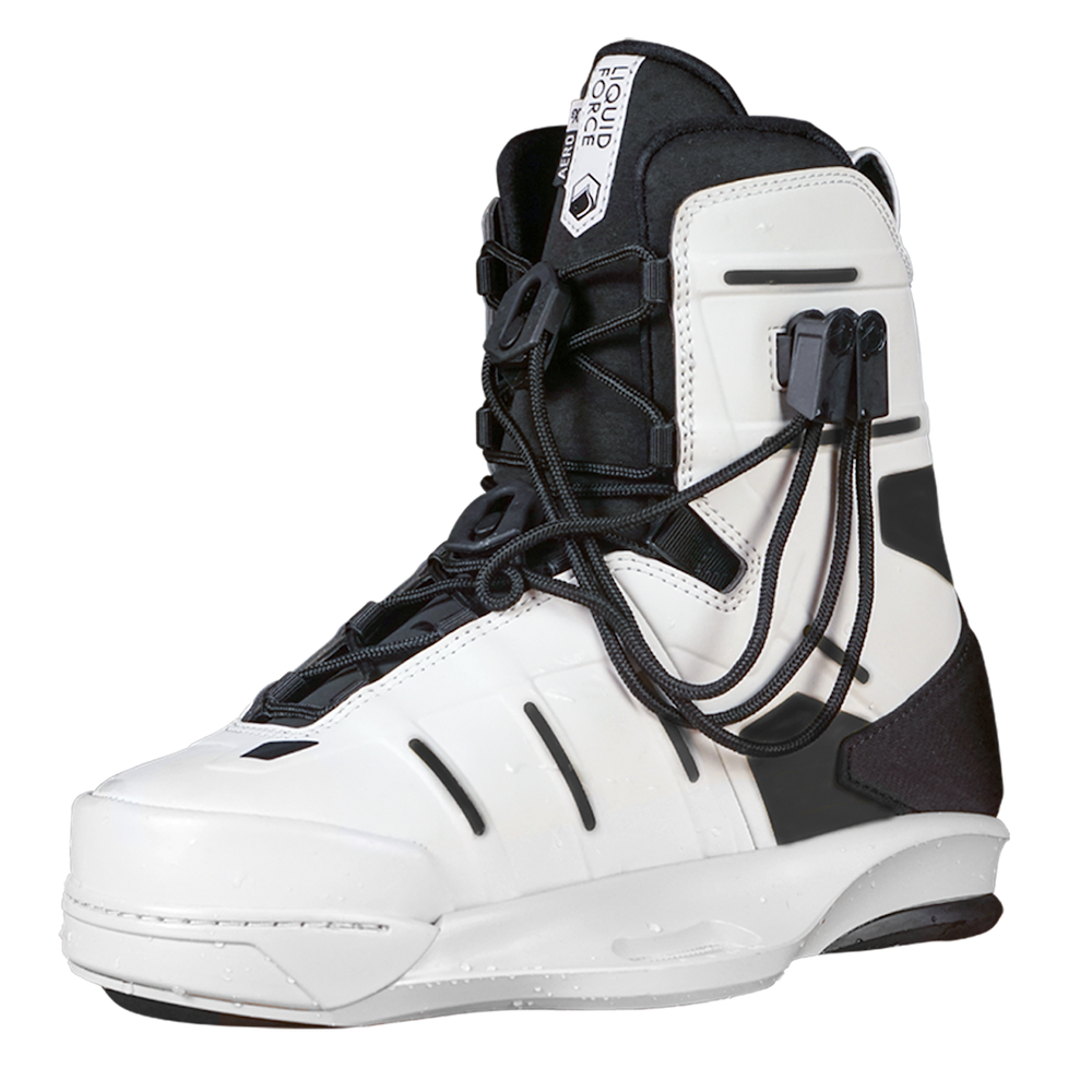 The Liquid Force 2025 Aero 6X Boots showcase a sleek white and black wakeboard boot design with adjustable laces, offering a supportive and streamlined fit. As lightweight wakeboarding bindings from Liquid Force, they deliver the premium feel and performance that every rider desires.