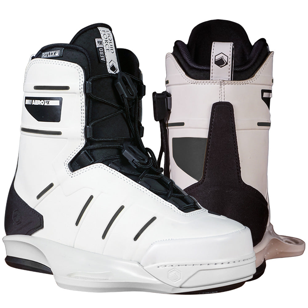 A pair of Liquid Force 2025 Aero 6X Boots, designed with a lace system and available in white and black, perfect for enthusiasts seeking premium wakeboarding footwear.