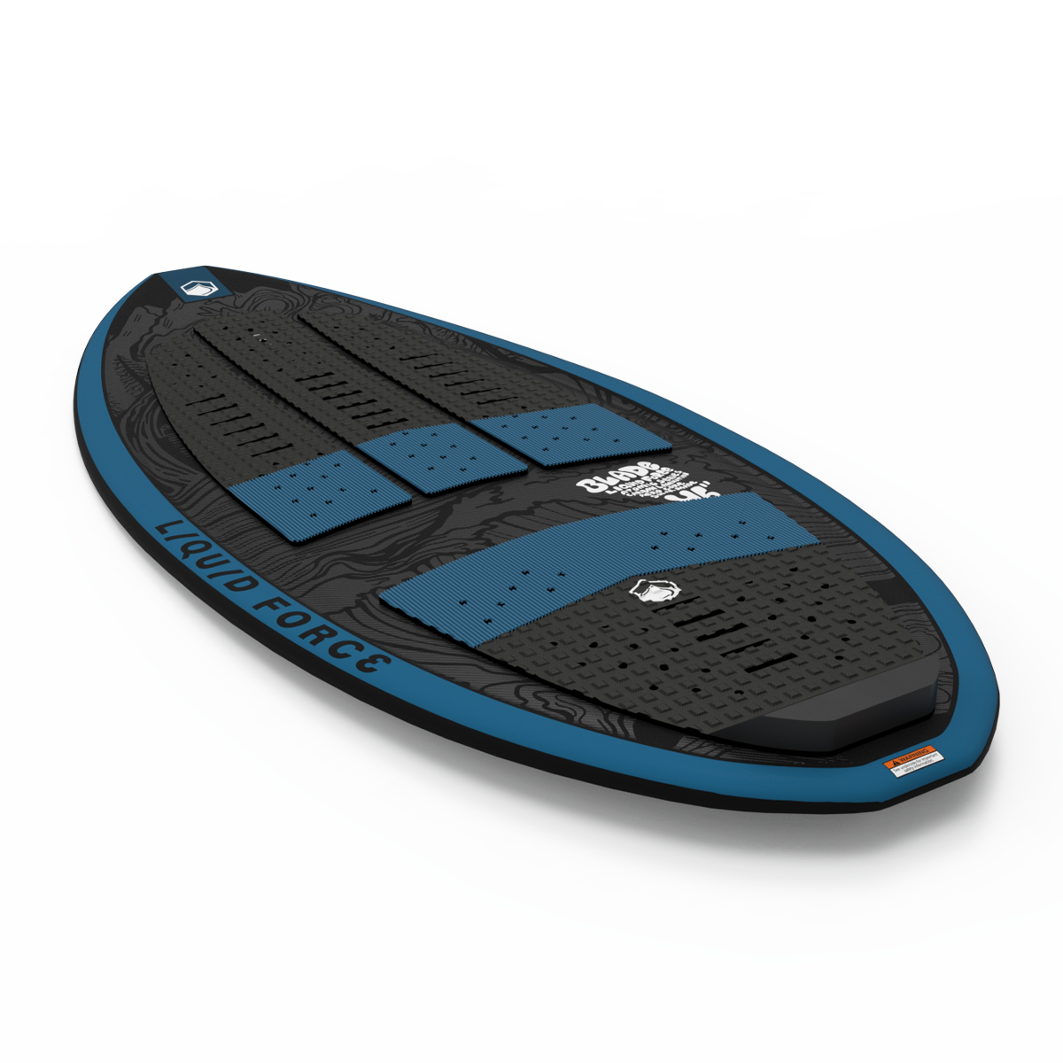 The Liquid Force 2025 Blade Wakesurf Board, with its sleek black and blue design and innovative AERO Core technology, complemented by three traction pads, elegantly rests on a white background.