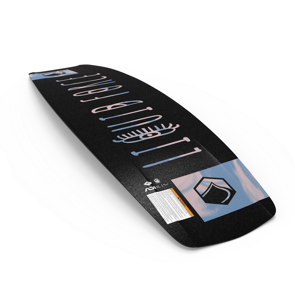 The Liquid Force 2025 Butterstick Pro Wakeboard, a black board adorned with stylized graphics of a feather and abstract shapes, is showcased from a side angle against a white background, capturing its sleek allure.