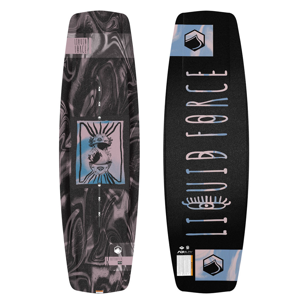 The Liquid Force 2025 Butterstick Pro Wakeboard stands out with its eye-catching marbled gray and black design, complemented by abstract artwork and logos on both sides. This park board incorporates an innovative rocker to boost performance on the water.