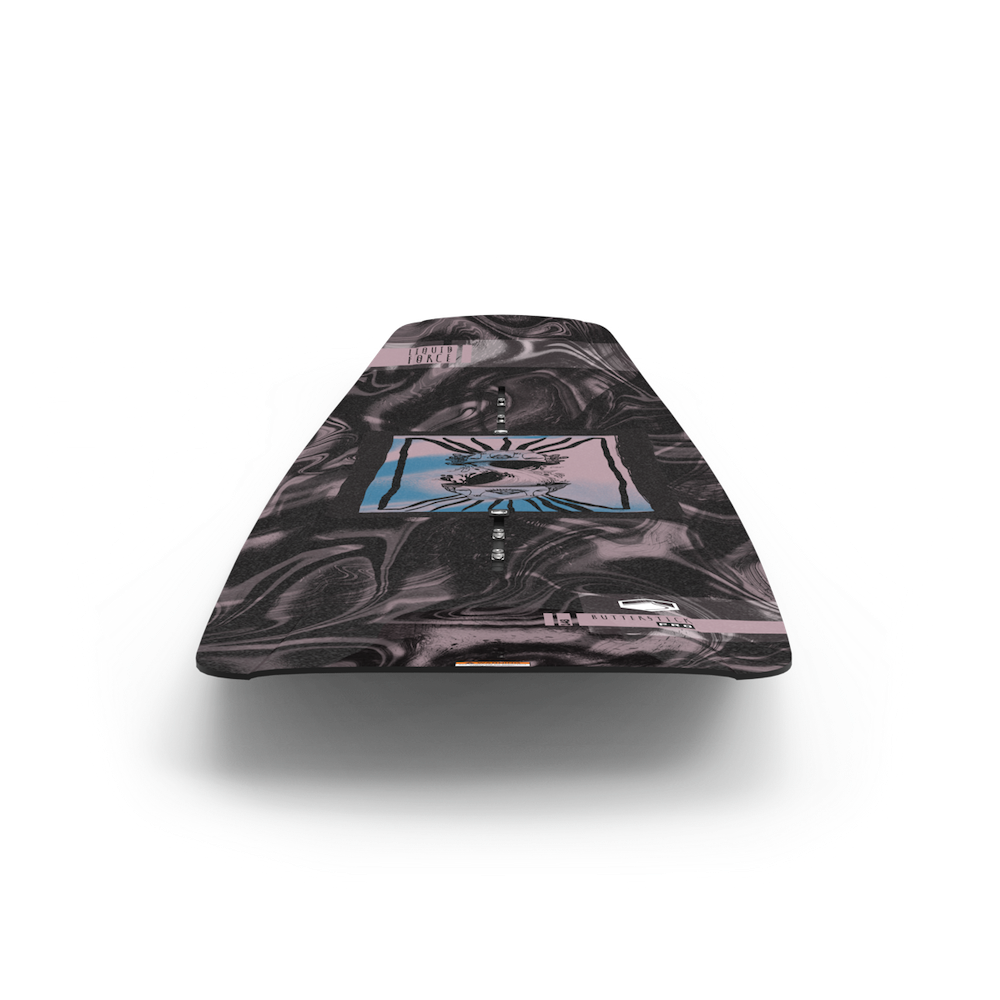 The Liquid Force 2025 Butterstick Pro Wakeboard stands out with its bold black design, complemented by swirling gray patterns and a central geometric motif in pink and blue hues, making it the ideal board for park riding. Its rocker shape delivers an exciting experience on the waves.