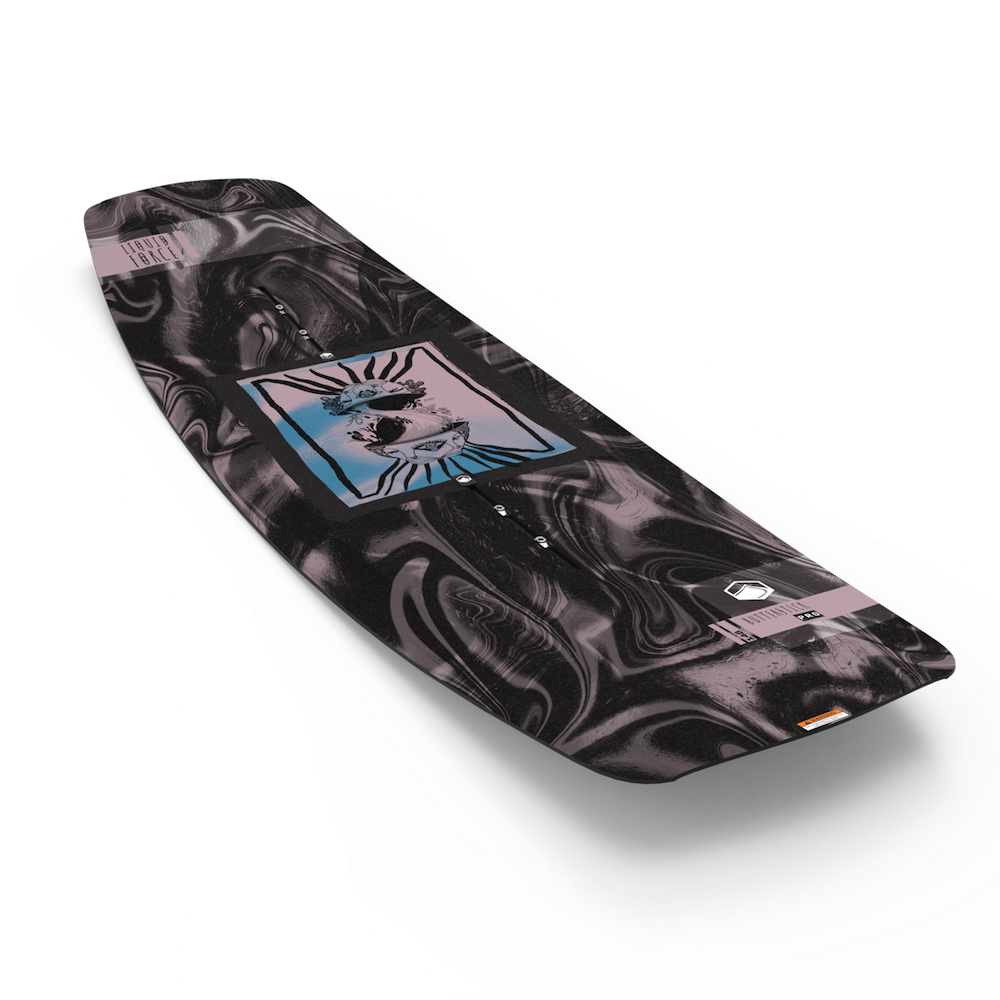 Introducing the Liquid Force 2025 Butterstick Pro Wakeboard, adorned with a stunning black and gray marbled design and a central graphic of an eye with stylized rays. This wakeboard from Liquid Force is engineered for enhanced performance thanks to its rocker profile, making it ideal for dominating the park.