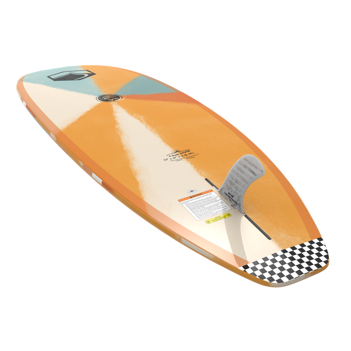 The Liquid Force 2025 El Guapo Wakesurf Board, crafted with Dura-Surf Construction, showcases a vibrant geometric design in orange, beige, and blue. It features an adjustable fin box and a checkerboard pattern near the tail for added flair.