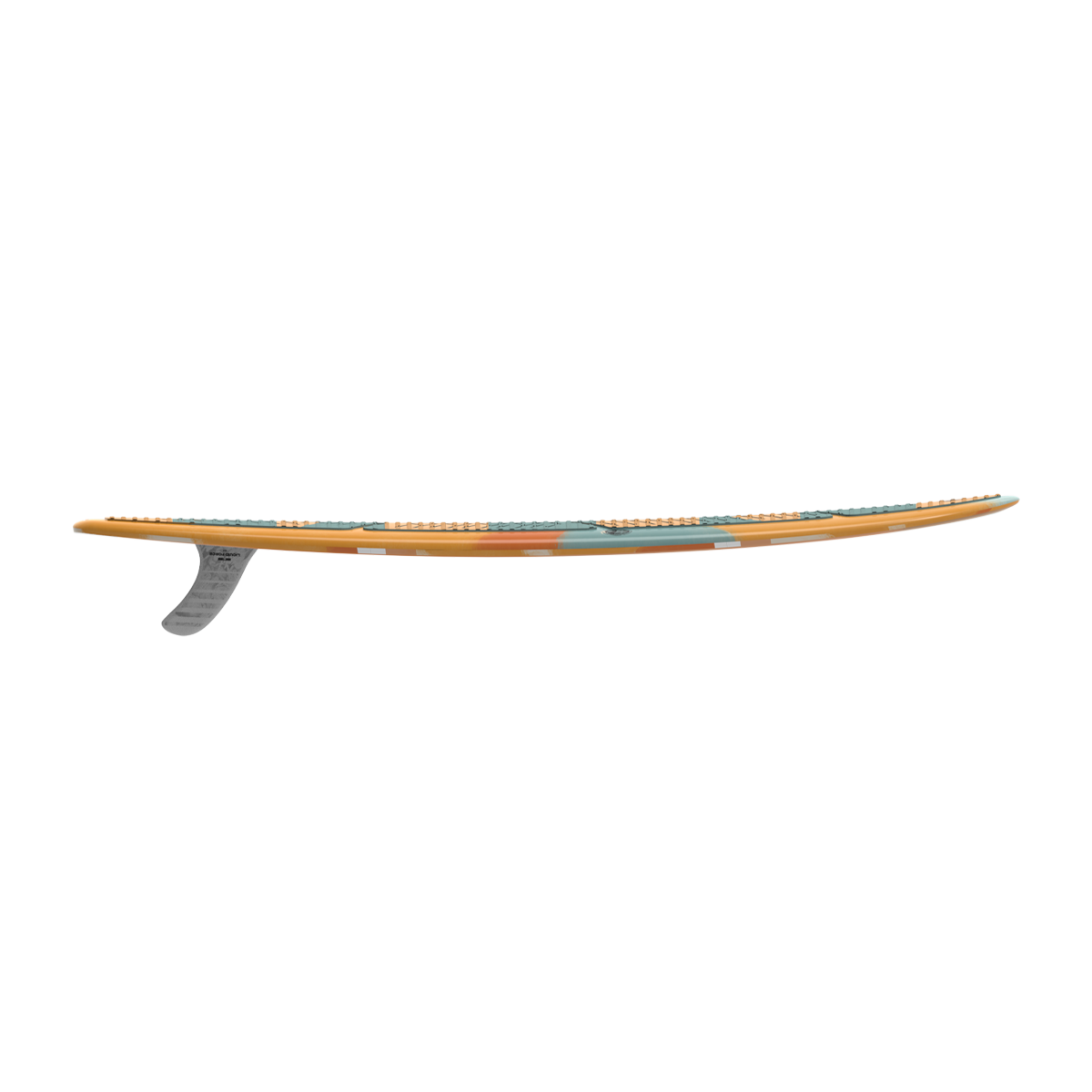 Side view of the Liquid Force 2025 El Guapo Wakesurf Board, showcasing a colorful long board with a single adjustable fin box and vibrant orange, blue, and white patterns in Dura-Surf Construction.