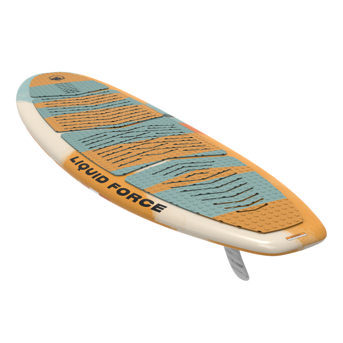 The Liquid Force 2025 El Guapo Wakesurf Board from Liquid Force showcases a striking orange and teal grip design, complete with a fin on the underside. Constructed with Dura-Surf technology, this board offers superior durability. Its adjustable fin box allows for customization to suit any wave conditions.