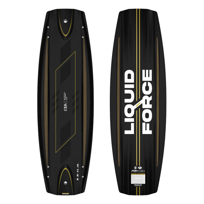 Two black Liquid Force 2025 Ethos Wakeboards, featuring yellow accents and branding that showcase athlete-driven innovation, are displayed from both the top and bottom perspectives.