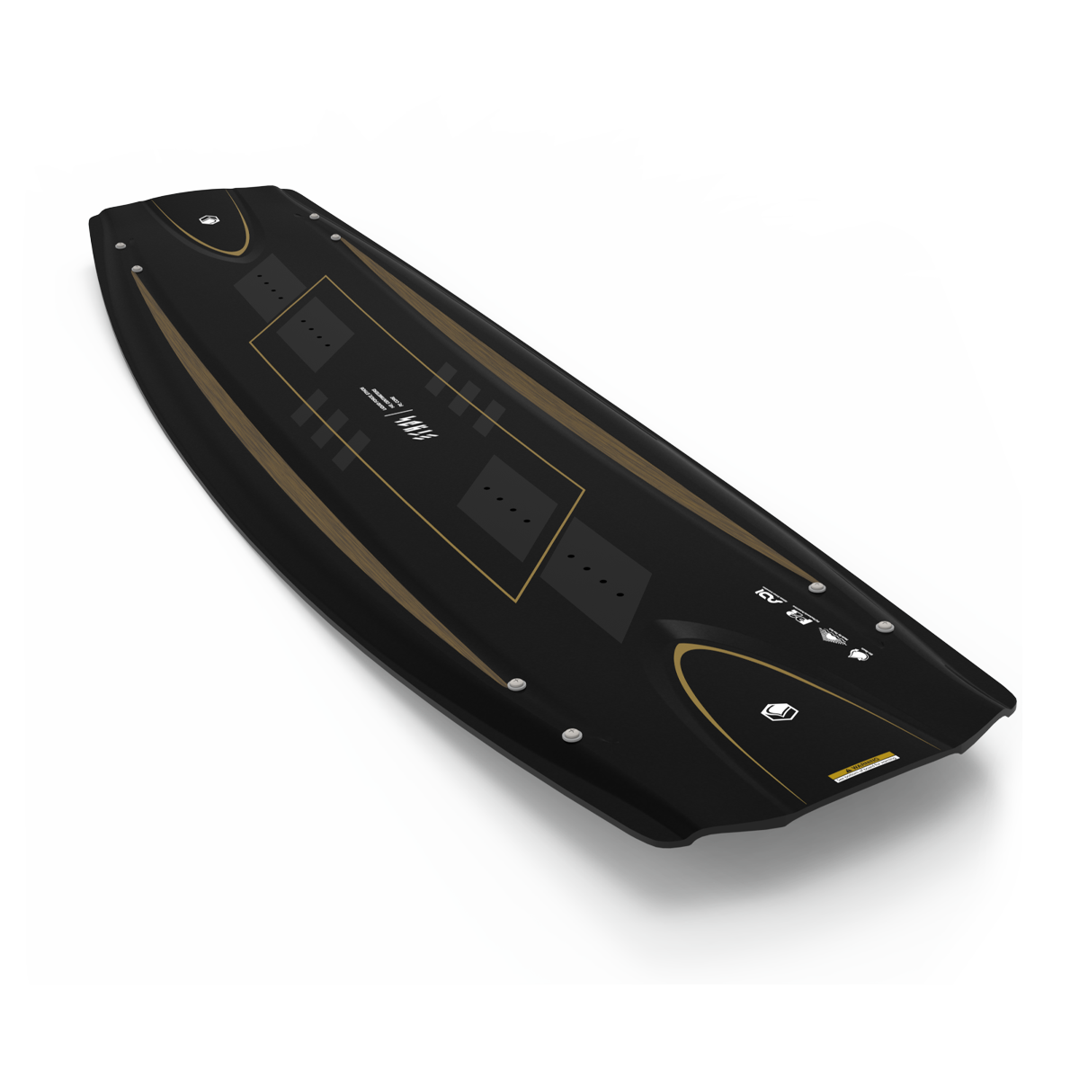 The Liquid Force 2025 Ethos Wakeboard, in black with gold accents, merges wakeboarding ethos and Athlete Driven Innovation. It boasts foot grip areas and a streamlined aerodynamic design.