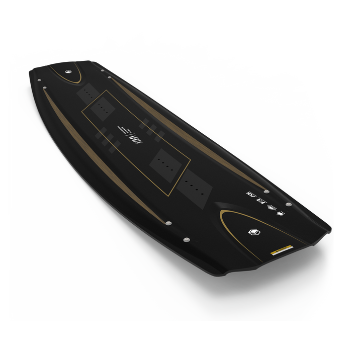 This Liquid Force 2025 Ethos Wakeboard, featuring an elegant black and gold finish, displays the brand's logo and manufacturer details prominently on its top surface. It reflects athlete-driven innovation for an improved wakeboarding experience.