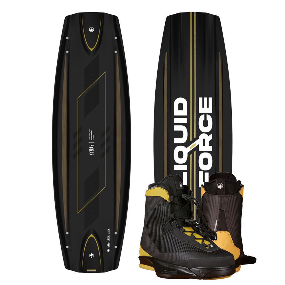 Front and back view of the Liquid Force 2025 Ethos Wakeboard paired with Vertex 6x Boots in black and yellow, highlighting athlete-driven innovation for wakeboarding enthusiasts.