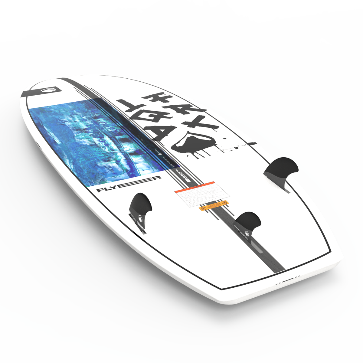 The Liquid Force 2025 Flyer Wakesurf Board is a stylish option for wakesurf enthusiasts, featuring a sleek white design with black fins and blue accents. The bold "FLYSURF" graphics enhance its gliding performance, making it perfect for any fan of the sport.