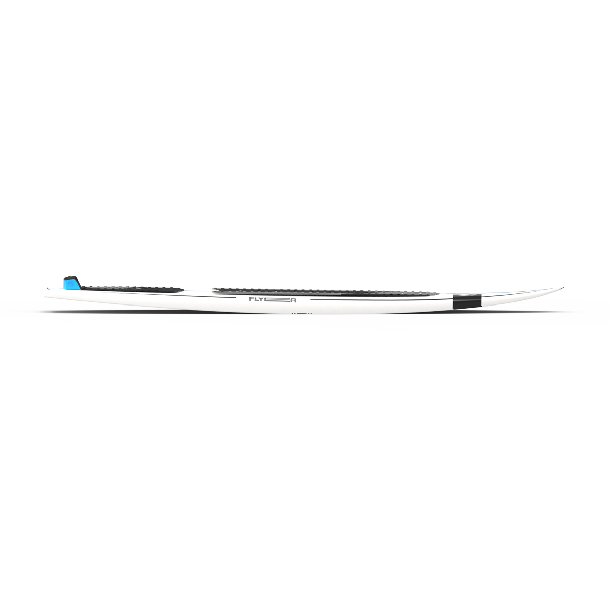 Side view of a Liquid Force 2025 Flyer Wakesurf Board showcasing a white design with black traction pads and a small blue detail on the tail, crafted for optimal glide speed.