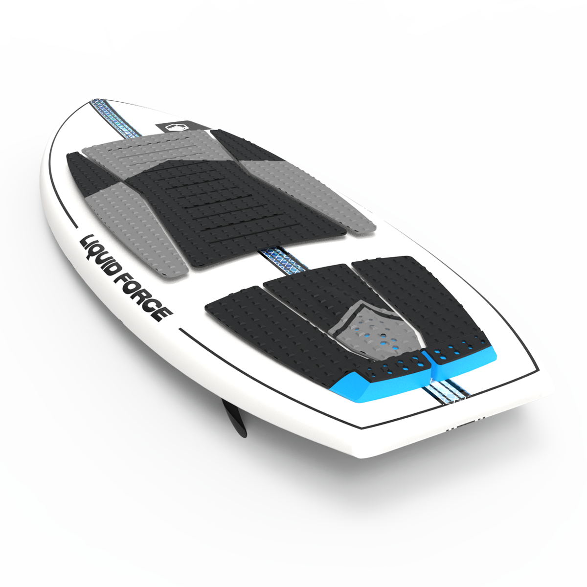 The Liquid Force 2025 Flyer Wakesurf Board, featuring black and blue traction pads, fins, and the Liquid Force brand name on the side, offers exceptional glide speed.