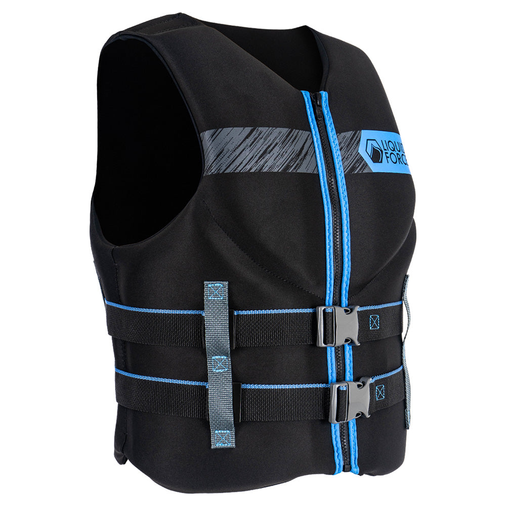 The Liquid Force 2025 Hinge Classic CGA Vest in black and blue, featuring dual buckle straps and dual certification, is showcased against a white background.