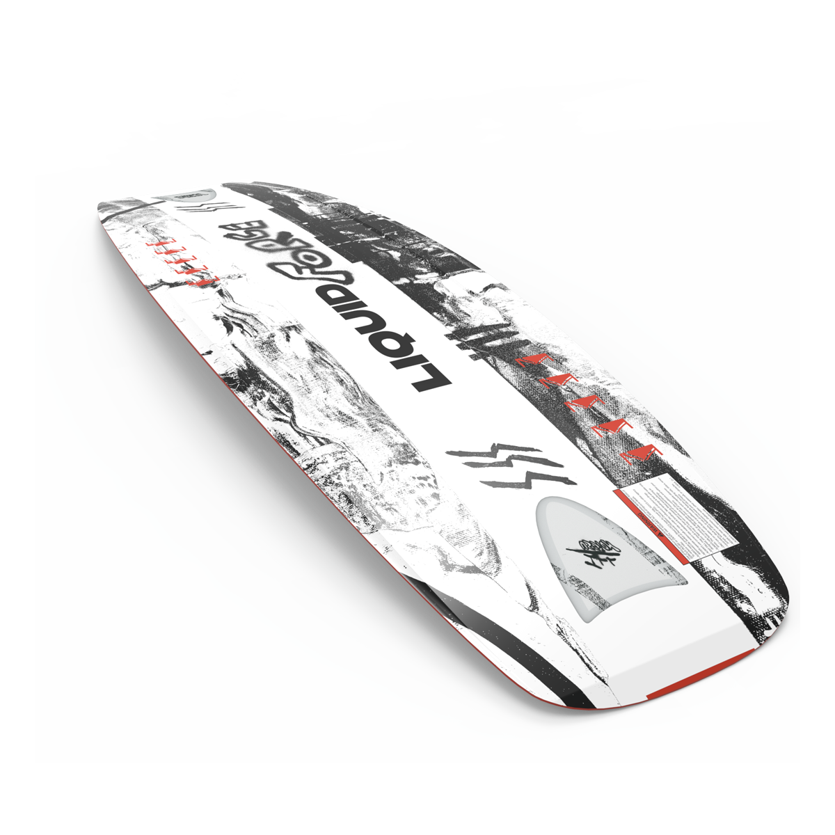 The Liquid Force 2025 Illusion Wakeboard boasts a sleek modern design with striking white and black colors, accentuated by bold graphics and red edges. Its FlexTrack technology enhances performance, all showcased against a simple background.