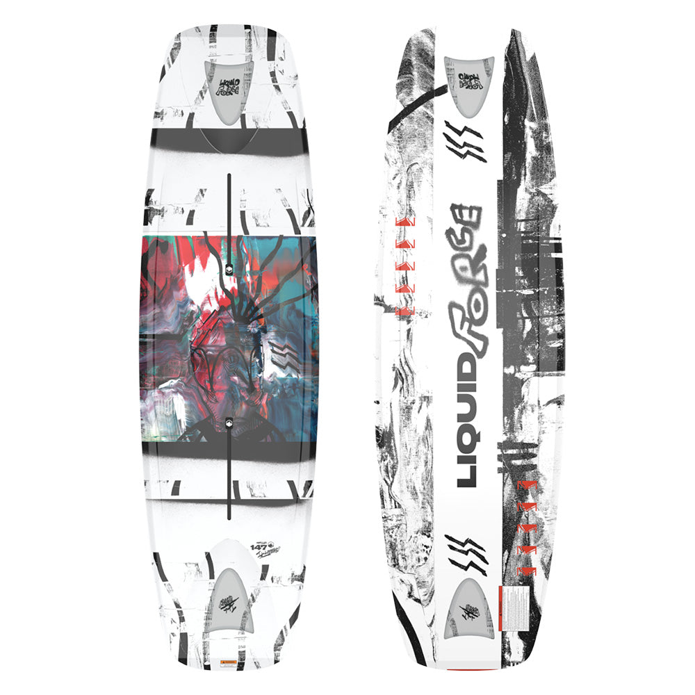 The Liquid Force 2025 Illusion Wakeboard boasts an abstract red, black, and white design set on a predominantly white background, incorporating "Just The Tip" Technology for improved performance.