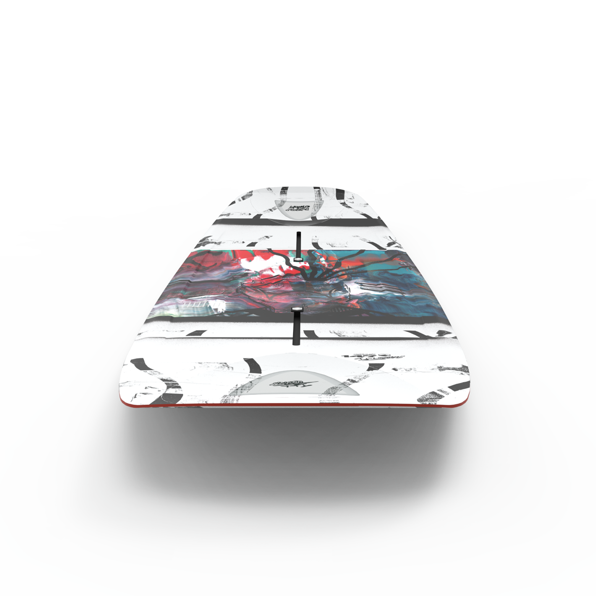 The Liquid Force 2025 Illusion Wakeboard, featuring a white and multicolored abstract pattern, is displayed from a low angle against a plain white background, highlighting its FlexTrack technology. This cutting-edge design gives an impression of depth and movement.