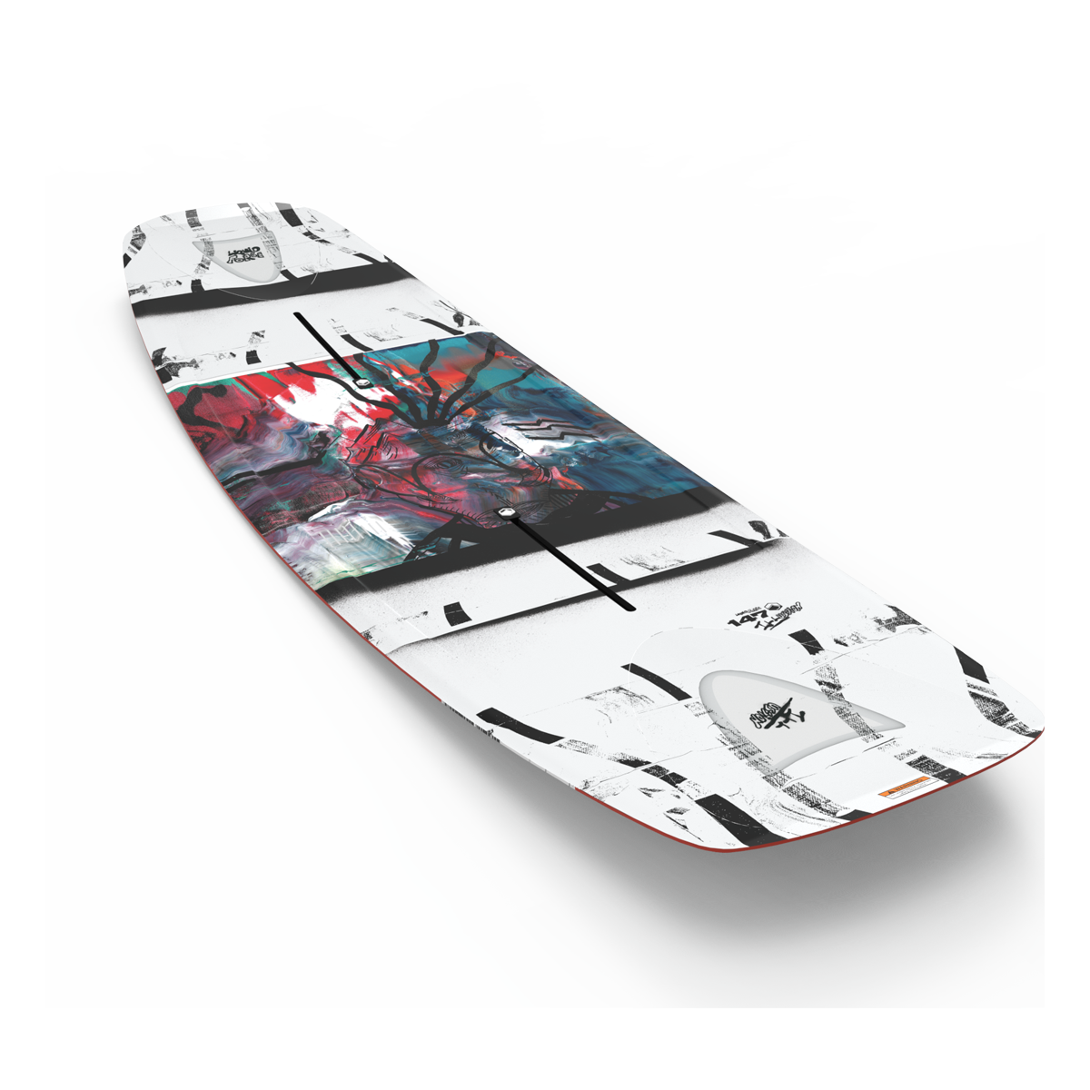 The Liquid Force 2025 Illusion Wakeboard is adorned with a striking white and black geometric pattern, highlighted by a vibrant abstract design in the center. Equipped with FlexTrack technology, it offers optimal maneuverability on the water.