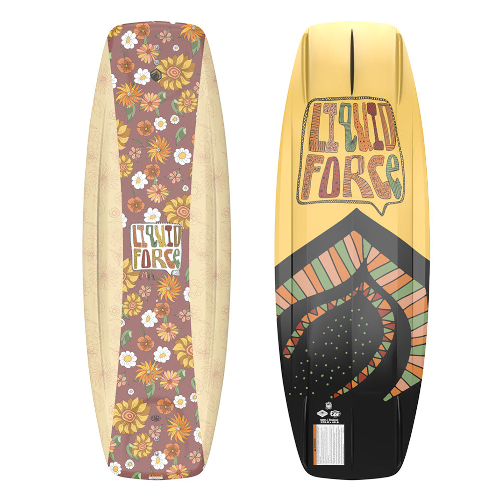 Two wakeboards from the Liquid Force Future Series highlight the brand's creativity. The Liquid Force 2025 M.E. Kid's Wakeboard, ideal for younger riders, features an eye-catching floral design on the left, while the board on the right stands out with a striking geometric pattern in yellow, black, and green.