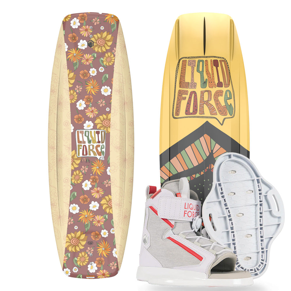 A pair of Liquid Force 2025 ME Kid’s Wakeboards with floral and geometric designs, ideal for young riders, accompanied by gray and red Dream Bindings.