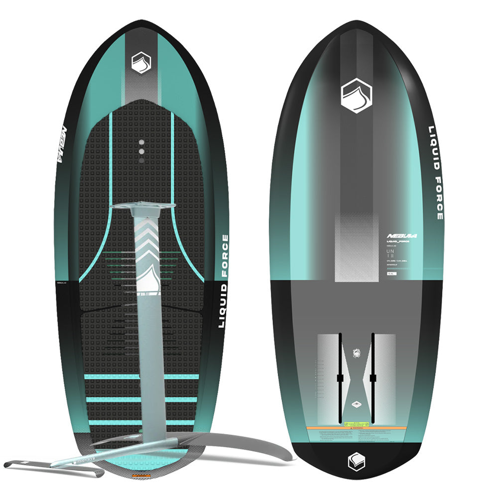 Two Liquid Force 2025 Nebula foil boards, showcasing the teal and black design with the Liquid Force logo and branding, are displayed to highlight both top and bottom views. These boards, equipped with a CNC'd alloy mast for superior performance, guarantee an extraordinary ride for fans of the Horizon Surf 120 foil.