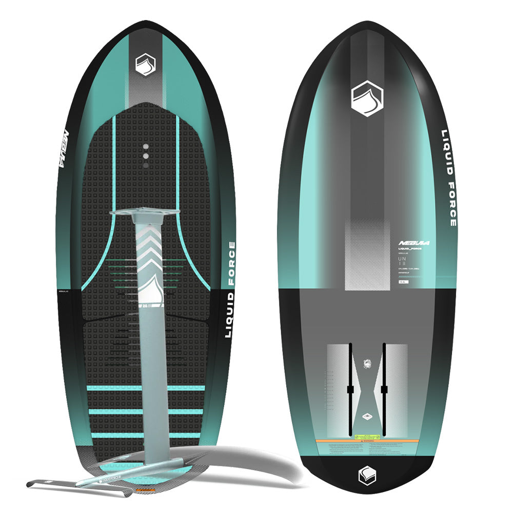 Displayed are the Liquid Force 2025 Nebula Foil Boards in teal and black, featuring Dura-Surf construction. One board reveals the foil from a side view, while the other highlights its top deck design and branding. This set includes the Horizon Surf 155 Foil Package for an exceptional ride.