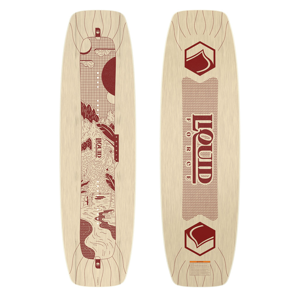 Two wakeboards with intricate red graphics on a light wood background. The left board, recognized for its Flex, showcases abstract designs, while the right board is the Liquid Force 2025 Noodle Wakeboard, ideal for mastering park lines.