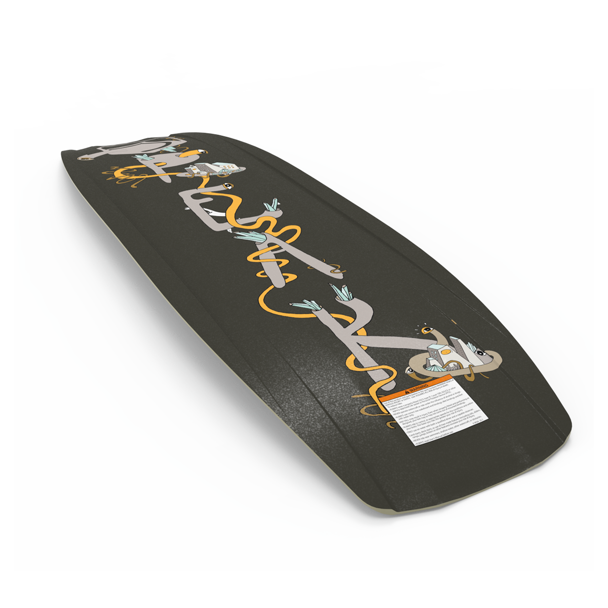 The Liquid Force 2025 Peak Wakeboard combines lightweight pop with Space Frame Technology, showcasing a sleek design featuring stylized figures and zigzagging lines in shades of gray, yellow, and light blue.