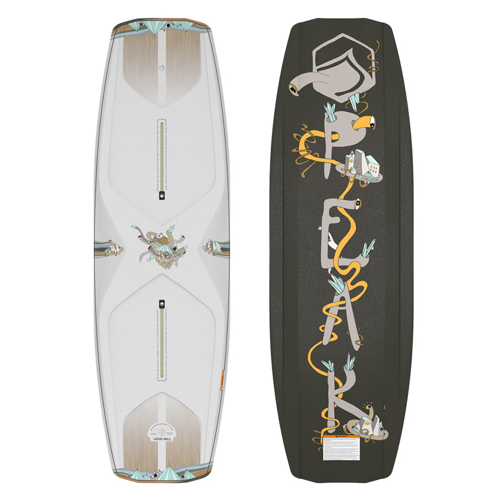 The Liquid Force 2025 Peak Wakeboard displays two distinct images: the top highlights a geometric design, and the bottom boasts vibrant art and text. This board delivers unlimited stance options and lightweight pop, making it an outstanding choice for riders in search of both style and performance.