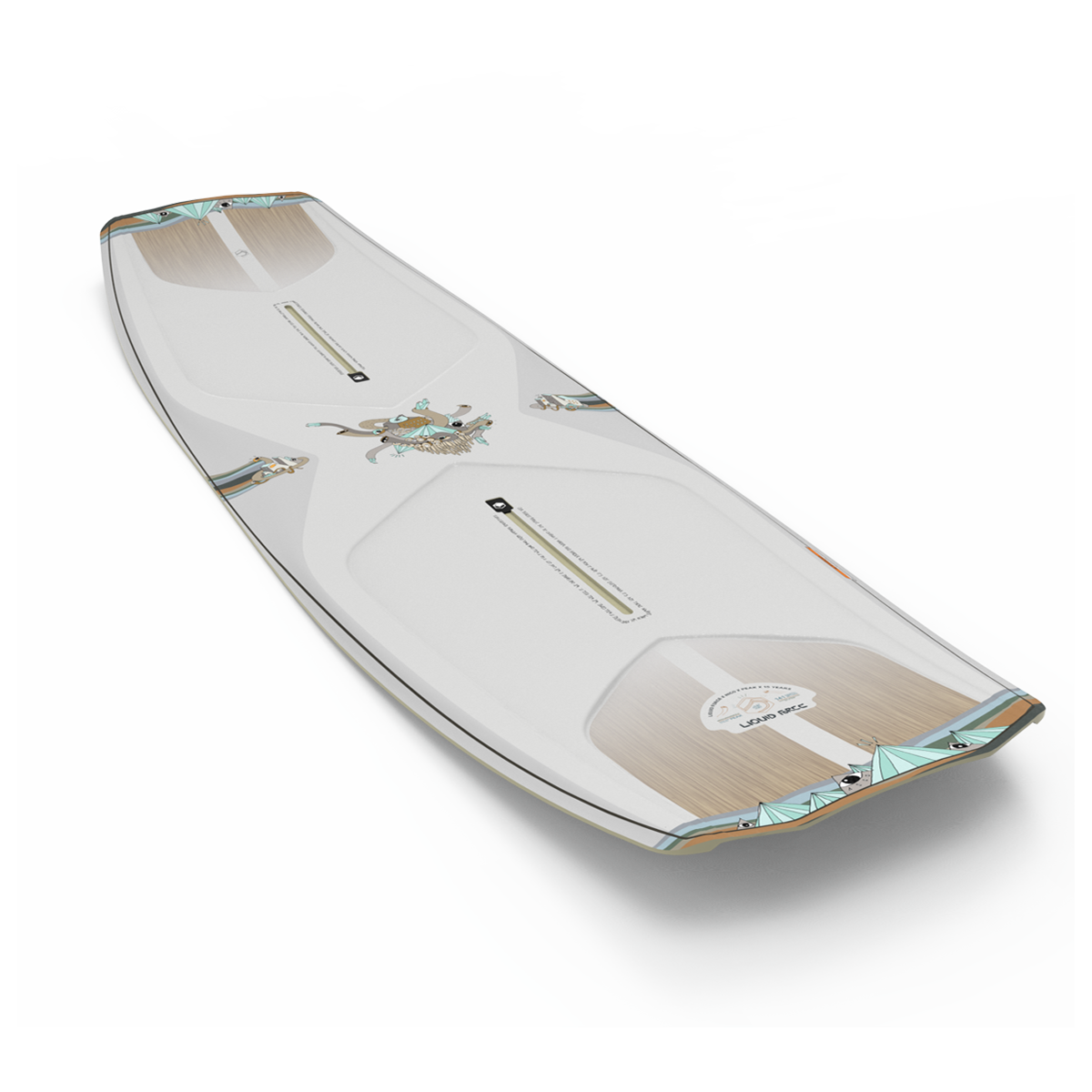 The Liquid Force 2025 Peak Wakeboard, a white board featuring graphic designs and Space Frame Technology for a lightweight pop, includes two foot strap mounts that offer unlimited stance options and is shown from an angle.