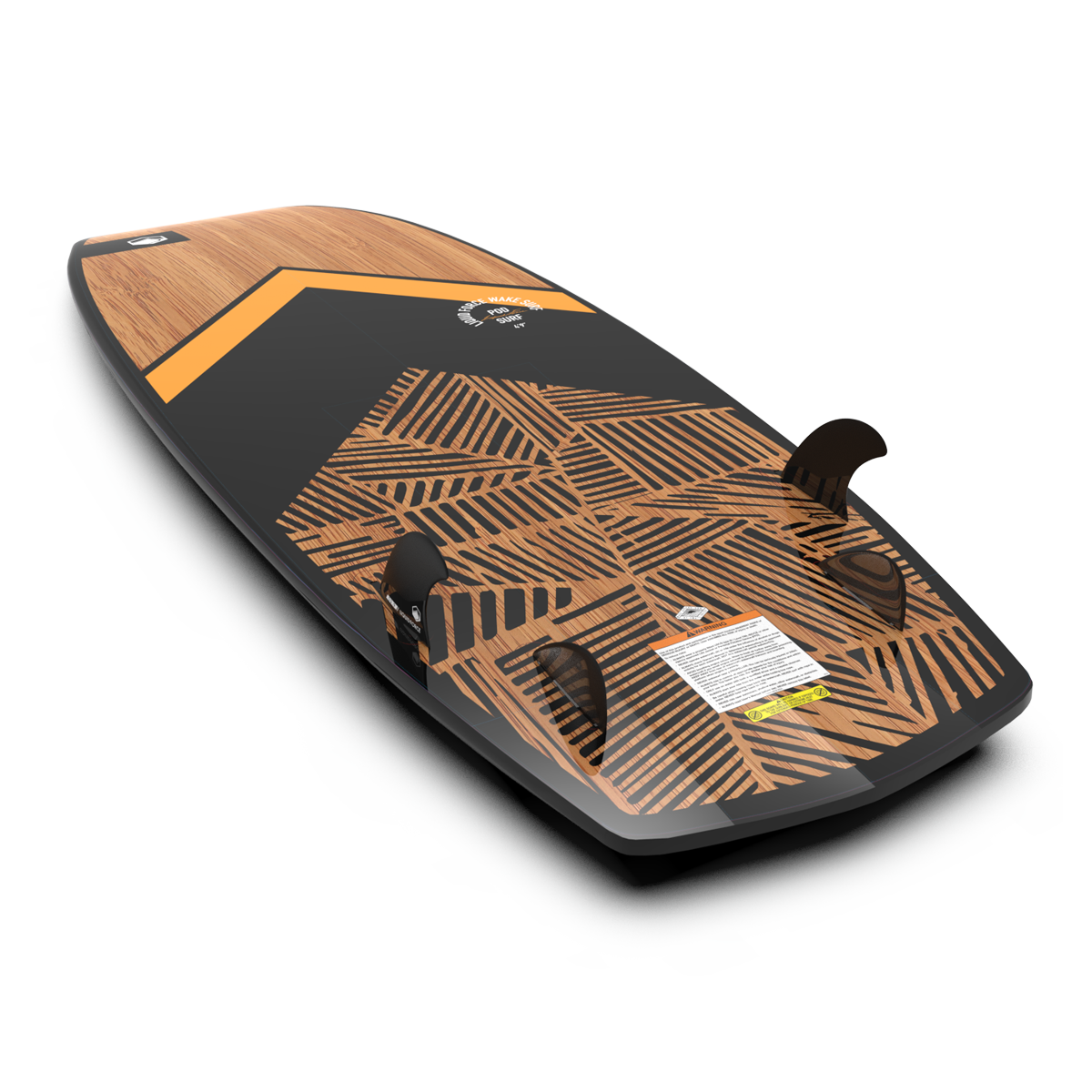 The Liquid Force 2025 Pod Wakesurf Board is crafted from wood and showcases black and orange accents. It’s equipped with three Carbon Honeycomb fins on the underside.