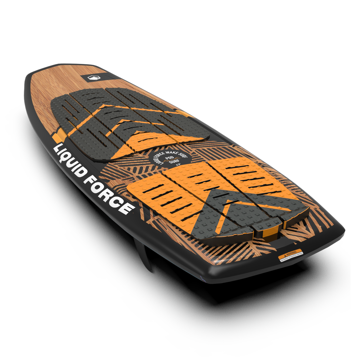 The Liquid Force 2025 Pod Wakesurf Board features a wood-like top adorned with black and orange geometric patterns and grip pads, enhanced by Carbon Honeycomb fins for superior performance.