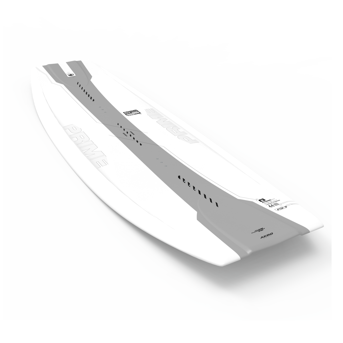 A sleek wakeboard in white and gray, the Liquid Force 2025 Prime Aero, proudly displays its dynamic side view with Liquid Force branding.