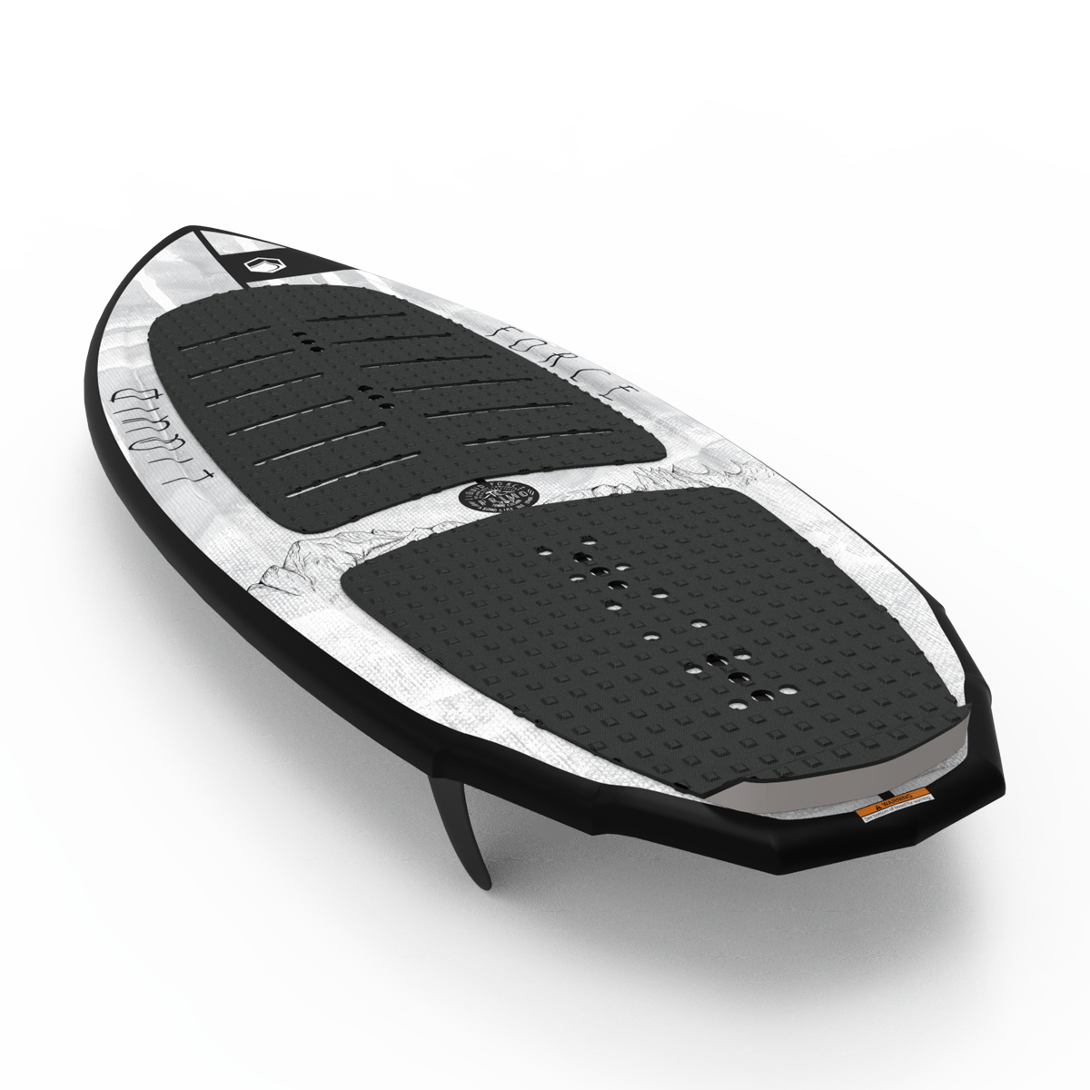 The Liquid Force 2025 Primo Wakesurf Board, with its black and white color scheme and textured footpad, showcases a distinctive fin configuration that complements the Primo board design. Set against a plain background, it radiates a trendy surf-style vibe.