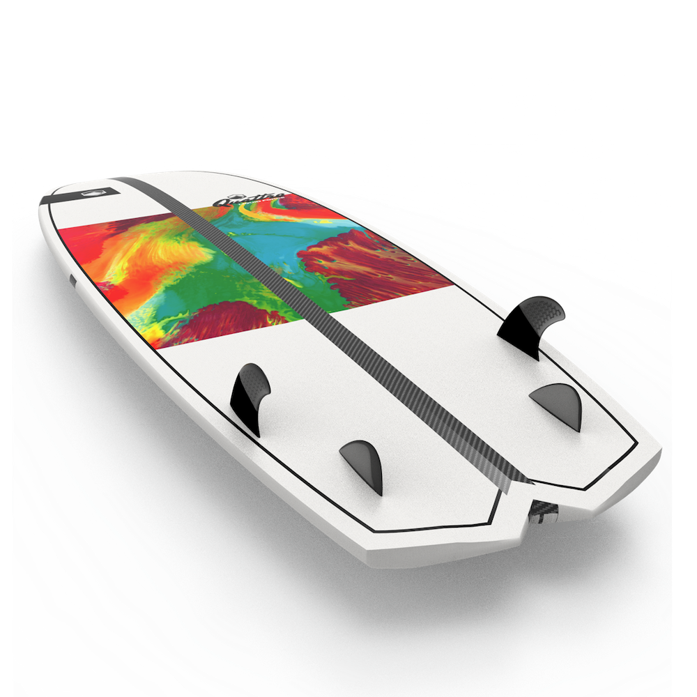 The Liquid Force 2025 Quattro Wakesurf Board by Liquid Force offers a surf-style flair with its vibrant white design featuring colorful abstract patterns on the bottom. It comes equipped with three black fins and a sleek V-Tail shape to enhance your ride.