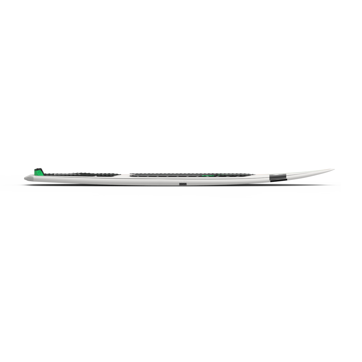 Side view of the Liquid Force 2025 Quattro Wakesurf Board showcasing its surf-style design with black traction pads, green accents, and a distinctive V-Tail shape.