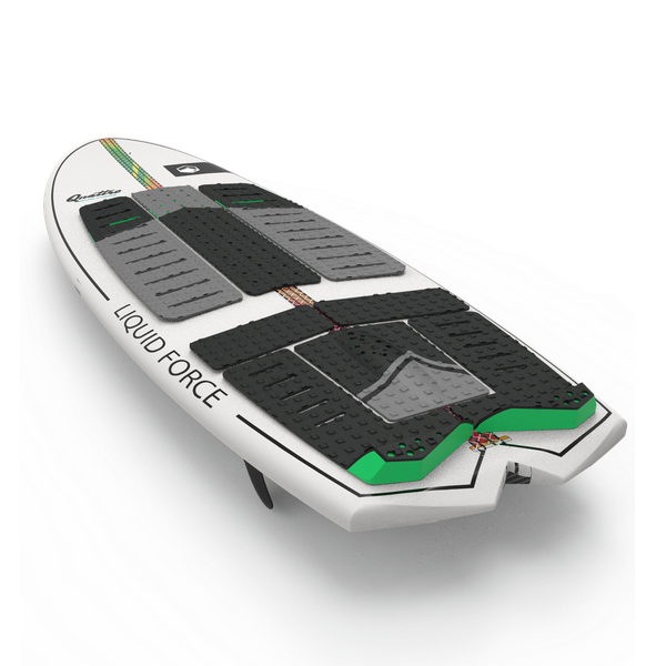 Top view of the Liquid Force 2025 Quattro Wakesurf Board showcasing its surf-style design with non-slip black and green pads, perfectly complementing its fins and V-Tail Shape underneath.