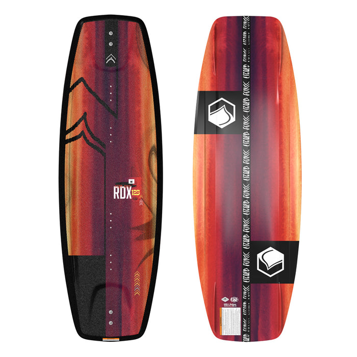 Two views of a Liquid Force 2025 RDX Kid's Wakeboard, featuring its top and bottom designs with black and white graphics. Inspired by the RDX Future Series, it offers an intriguing option for those seeking more than just a typical kid's wakeboard.