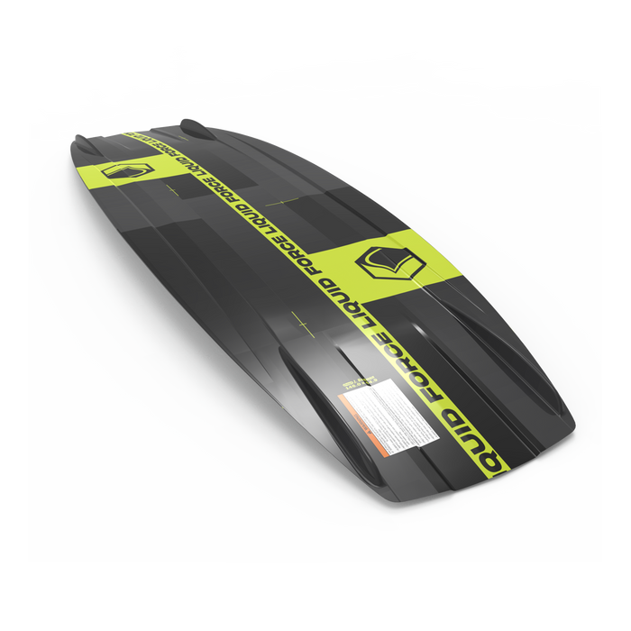 The Liquid Force 2025 RDX Wakeboard, showcasing a black and green design with the brand name "LIQUID FORCE," is crafted with a Progressive 3-Stage Rocker for smooth landings and is displayed against a white background.