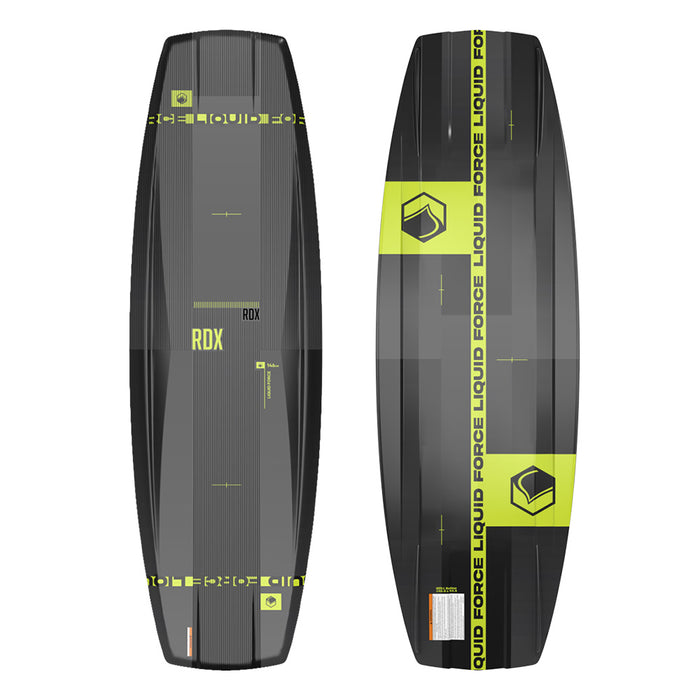 The Liquid Force 2025 RDX Wakeboard, paired with Transit 6R Bindings, is displayed front and back. It features a Progressive 3-Stage Rocker with green accents for smooth landings.