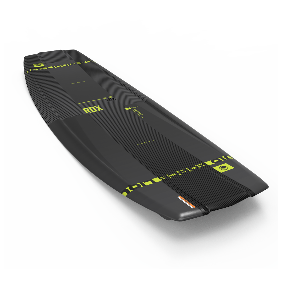 The Liquid Force 2025 RDX Wakeboard, in a striking black and yellow design, displays its double to single concave hull and features the RDX branding. Viewed from an angle, it highlights its textured surface for improved grip.