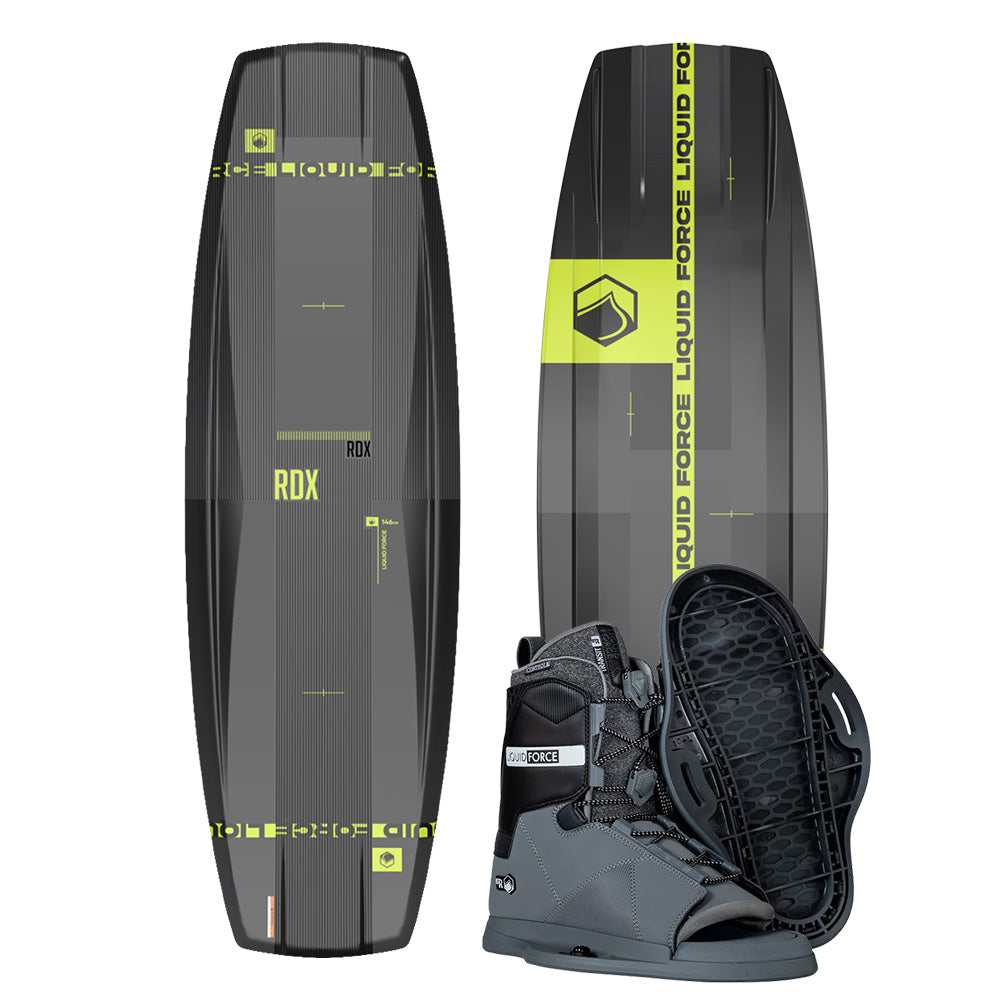 The Liquid Force 2025 RDX Wakeboard, paired with Transit 6R Bindings, showcases vibrant green accents and is displayed from both top and bottom angles. Its Progressive 3-Stage Rocker design guarantees smooth landings every time.