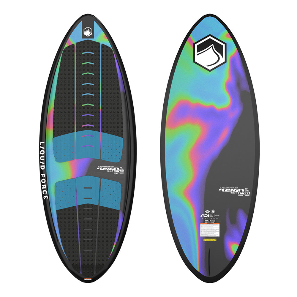 The Liquid Force 2025 Reign Pro Wakesurf Board boasts a black base with a multicolored abstract pattern and brand logos on both the top and bottom surfaces, perfect for wakesurfing enthusiasts looking to display their skills on Jake's Instagram.