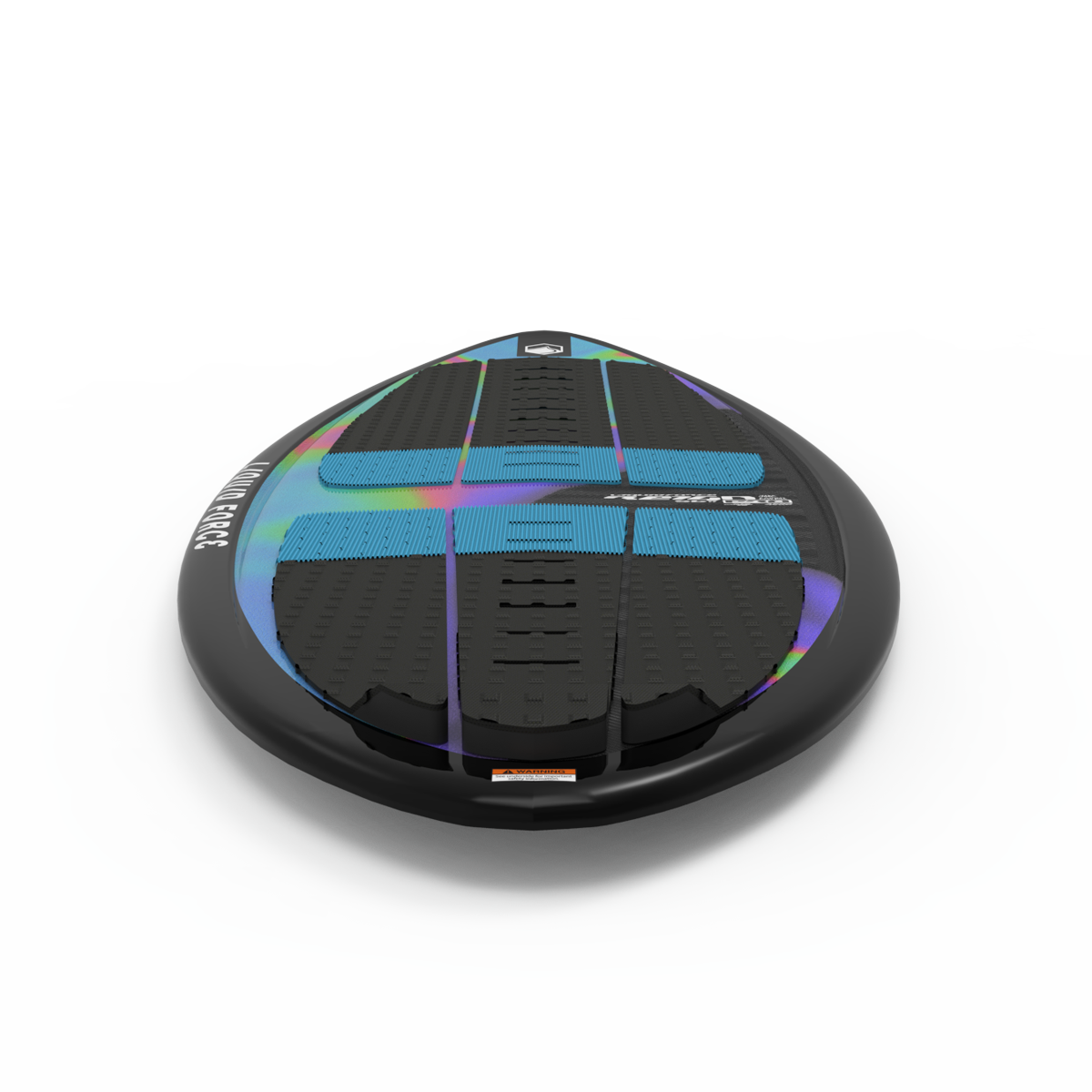 The Liquid Force 2025 Reign Pro Wakesurf Board from Liquid Force, seen from the front, showcases its black and colorful design along with textured foot pads ideal for wakesurfing.