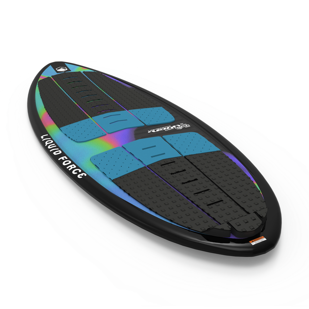 The Liquid Force 2025 Reign Pro Wakesurf Board, ideal for wakesurfing, boasts vibrant colors with textured black and blue pads on top and a sleek design underneath. For more details, contact Reign Pro or visit Jake's Instagram to watch it carving through the waves.