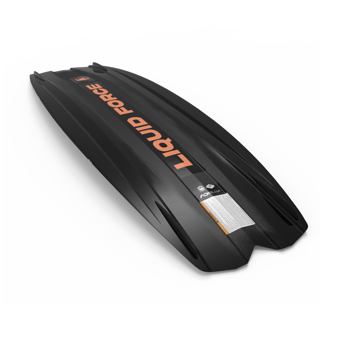 A black Liquid Force 2025 Remedy Aero wakeboard with an orange logo, featuring a Diamond Split-Tip shape, displayed from the underside.