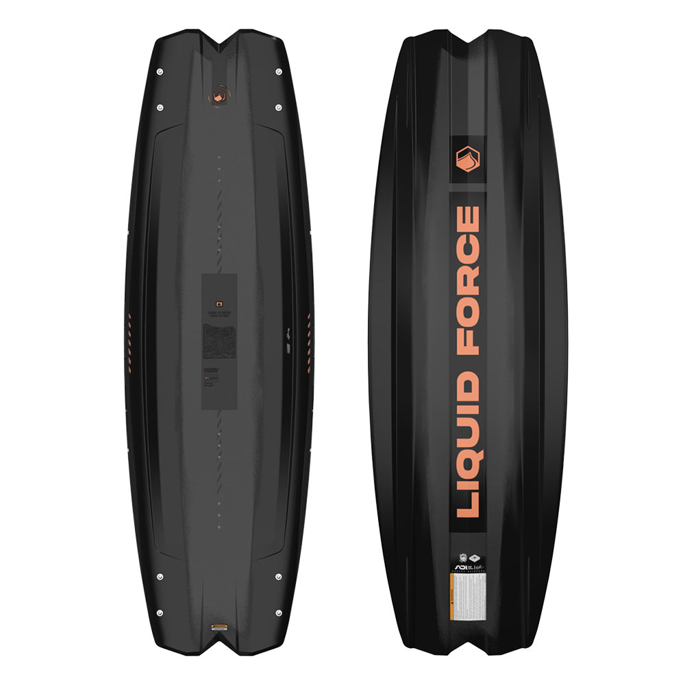 Two black wakeboards are displayed: one shows the underside with the Liquid Force logo, while the other highlights its top side. With a Diamond Split-Tip shape, the high-performance Liquid Force 2025 Remedy Aero Wakeboard offers an exhilarating ride.