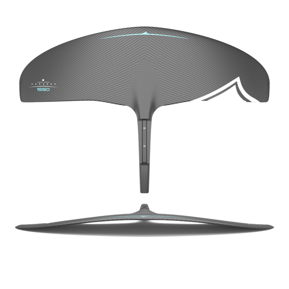 Top and side view of the Liquid Force 2025 Horizon Carbon 1550 Fuselock Front Wing, showcasing a sleek, curved design ideal for wake foiling, with an elegant black and gray color palette.